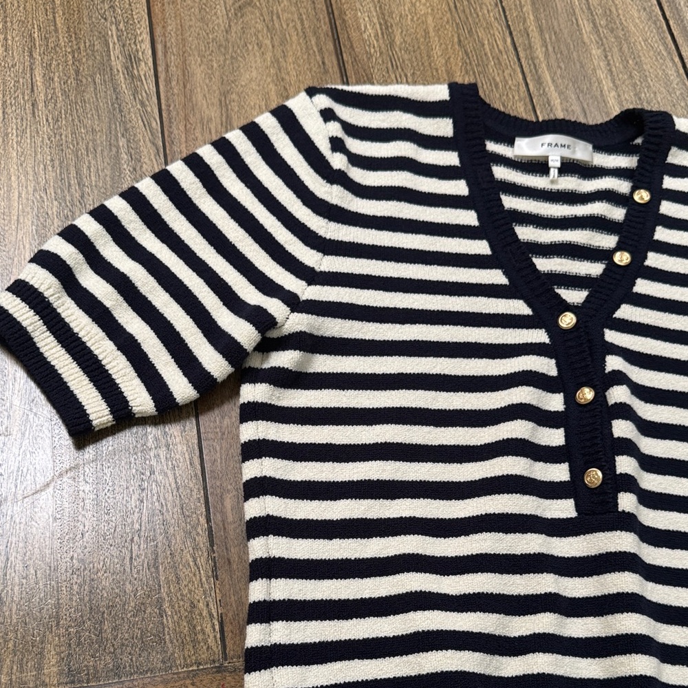 Frame Navy and White V-Neck Sweater with Gold Buttons - Picture 3 of 8